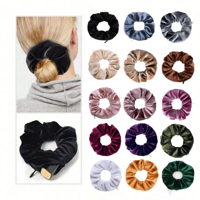 Velvet Scrunchies With Pocket Zipper