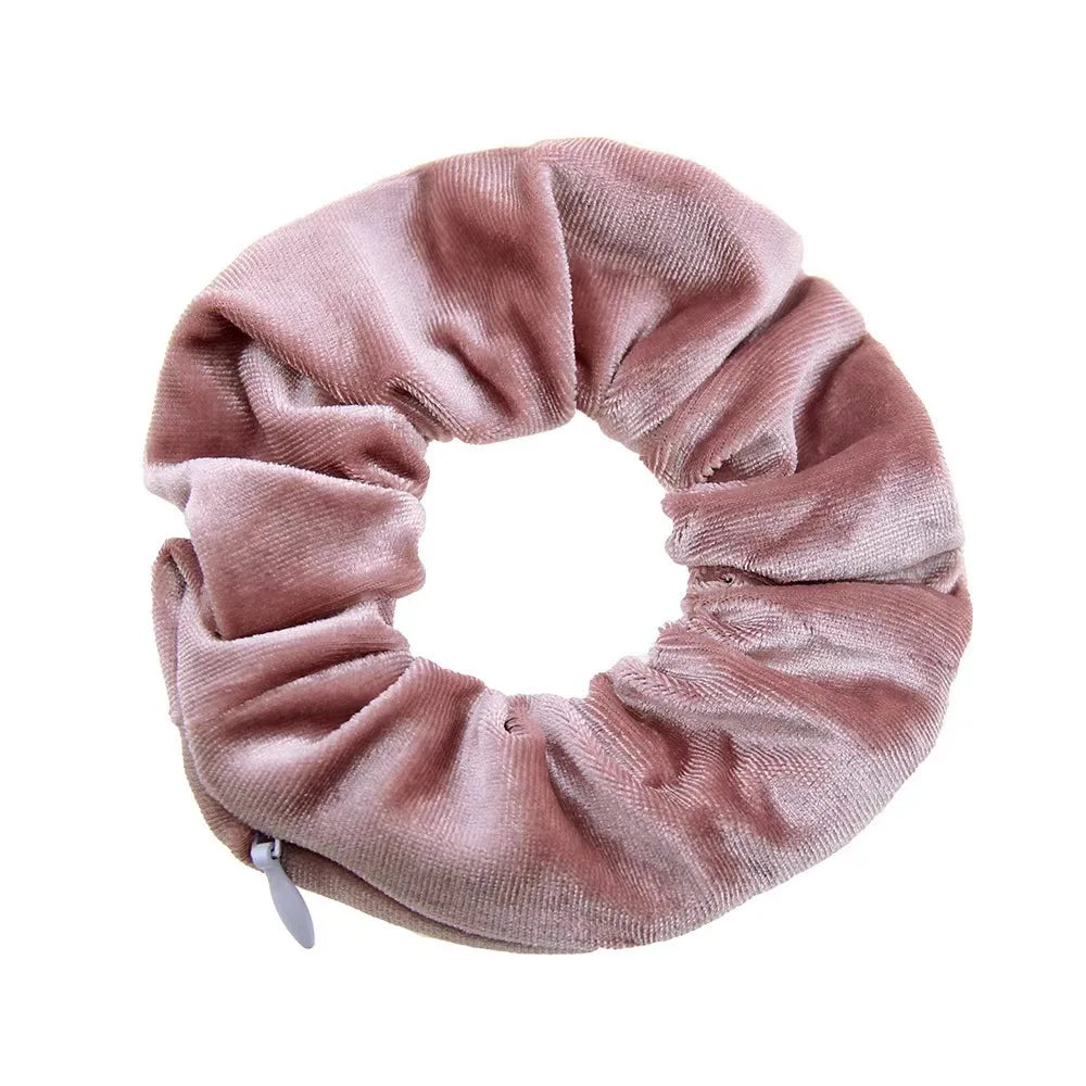 Velvet Scrunchies With Pocket Zipper